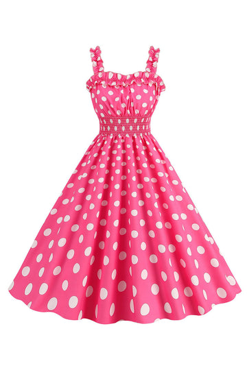 Różowe Groszki Linia Smocked Sukienka Retro Lata 50